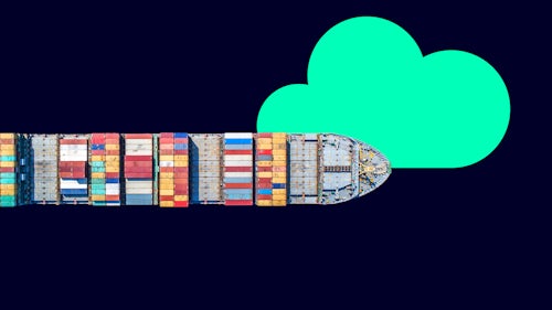 Bird’s eye view of a cargo ship beside a cloud.